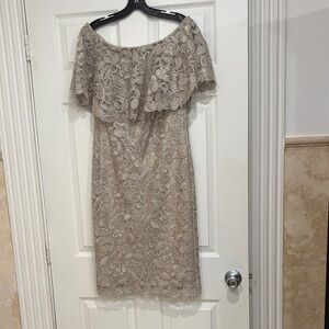 Tadashi Shoji Off-Shoulder Lace Midi Dress in Tan